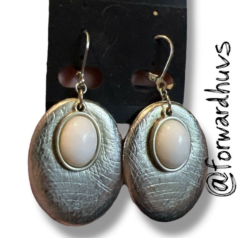 Bundle Sale 3 for $15 | Silver Tone Oval Dangle Earrings – White Cabochon